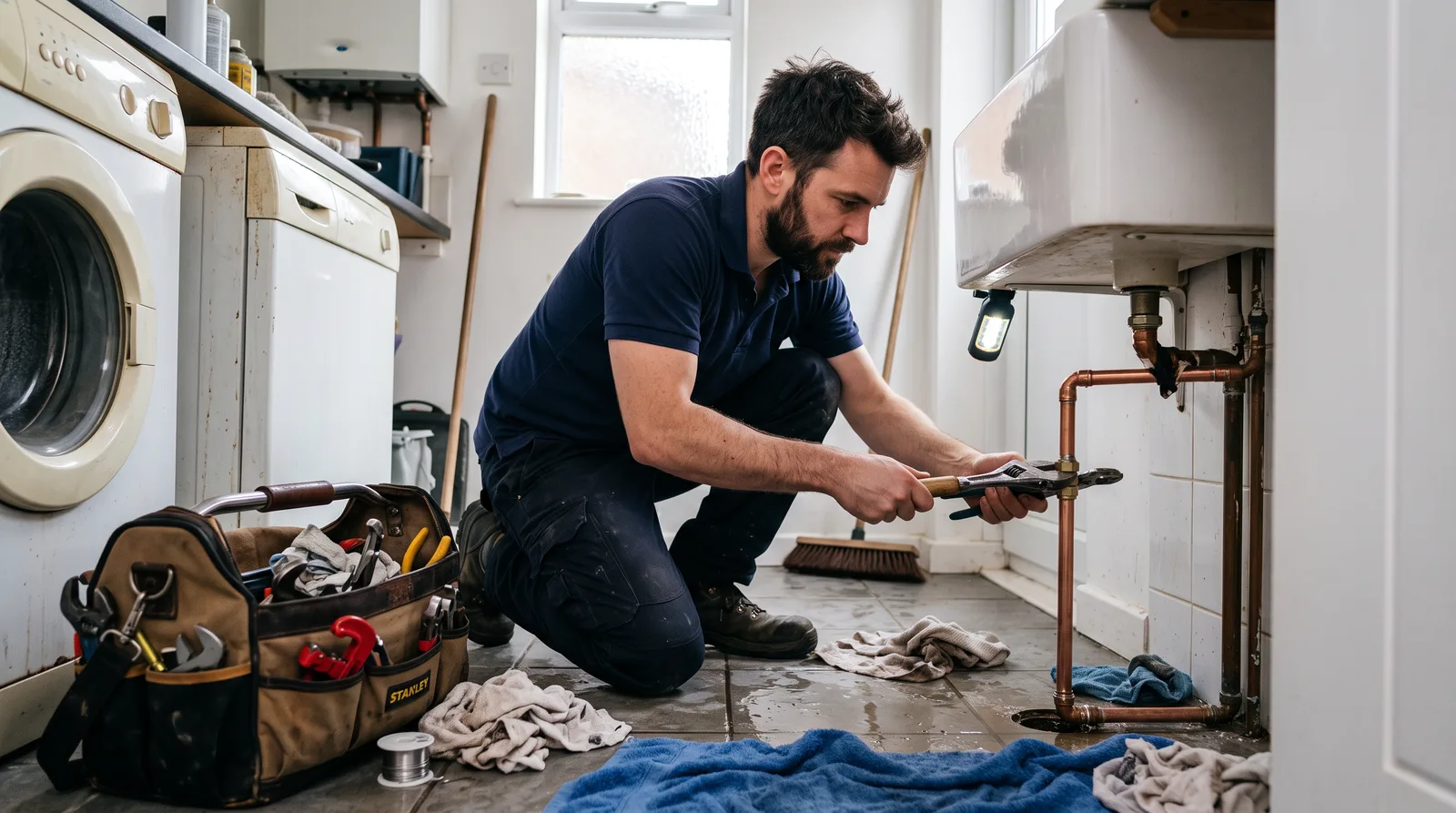 Burst pipe being repaired