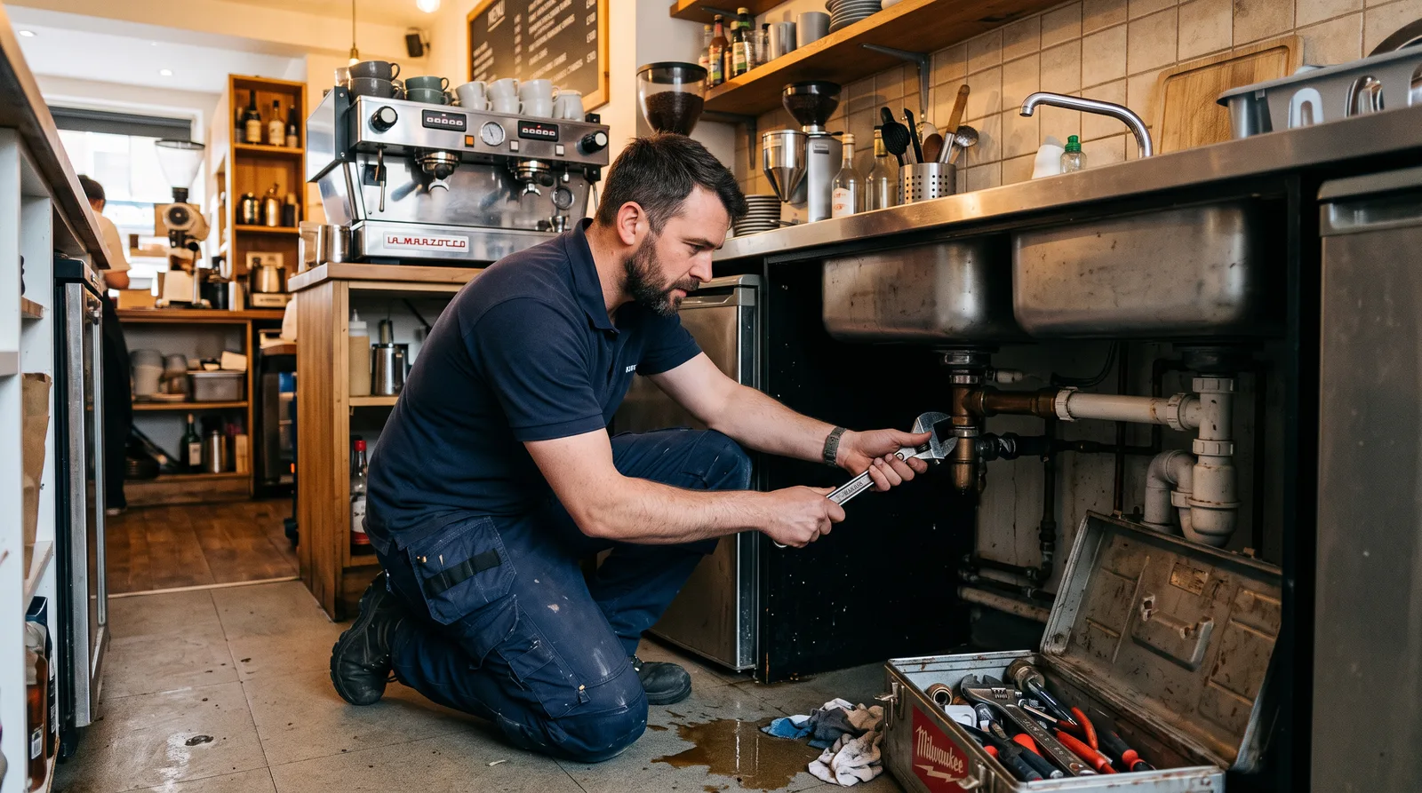 Plumbing work in a café kitchen