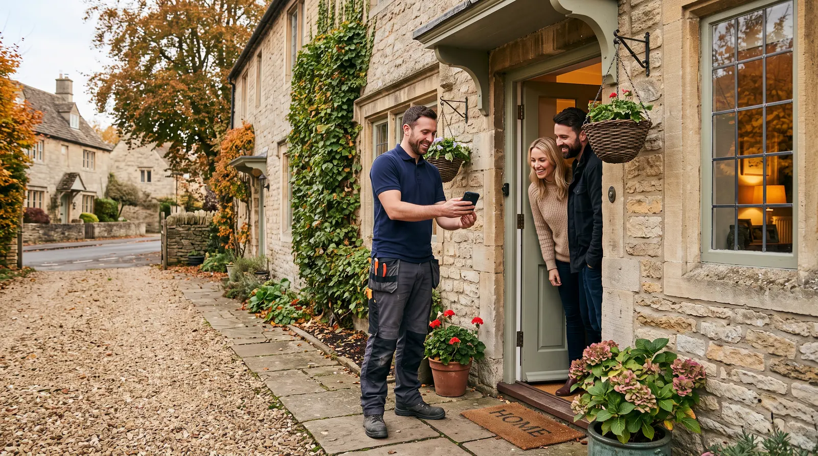 Plumber talking with homeowners at their front door