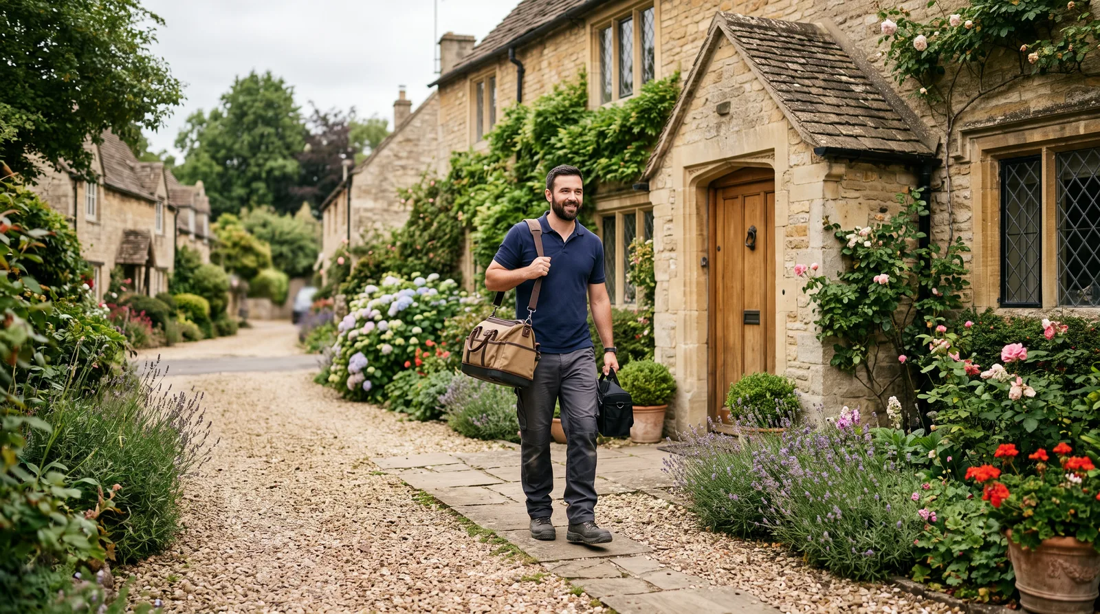 Plumber arriving at a stone cottage in Cirencester