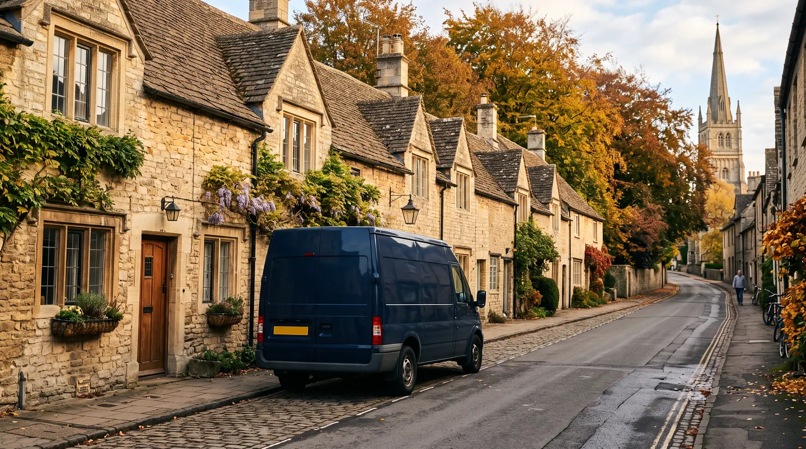 Van parked on a street of stone cottages